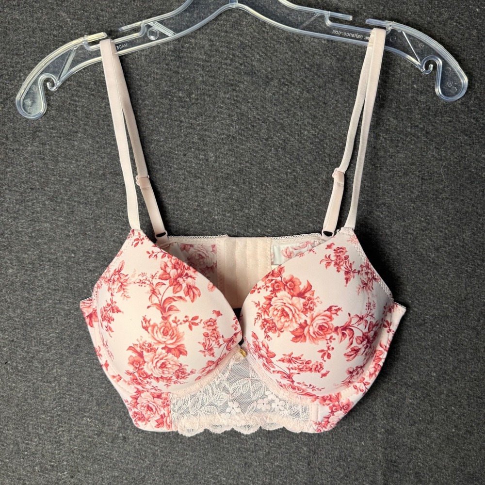 Laura Ashley Floral Push Up Bra‎ 36C Pink Red Rose Lace Longline